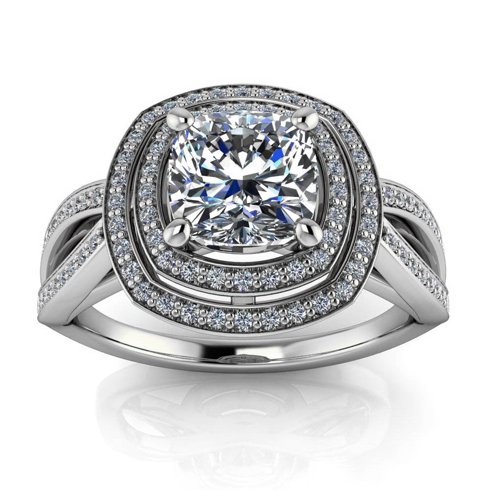 Cushion Cut Engagement Ring Double Halo Diamond Setting Moissanite Center - Julissa - Moissanite Rings