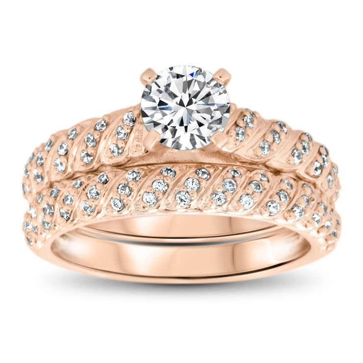 Diamond Accented Engagement Ring - Striped Wedding Set - Moissanite Rings