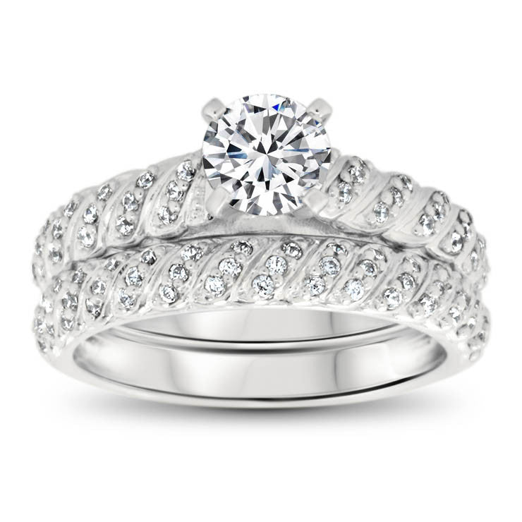 Diamond Accented Engagement Ring - Striped Wedding Set - Moissanite Rings