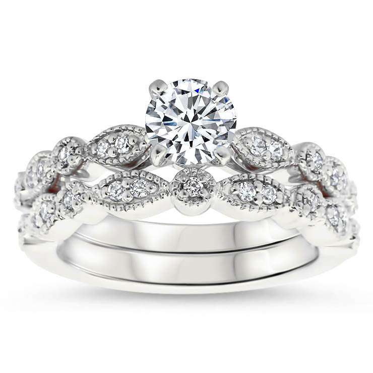 Vintage Inspired Engagement Ring and Wedding Band - Sweet Bliss Wedding Set - Moissanite Rings