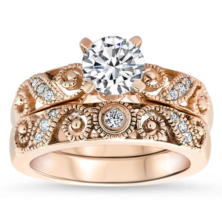 Whimsical Diamond Filigree Wedding Set Moissanite Center - Swirl Wedding Set - Moissanite Rings