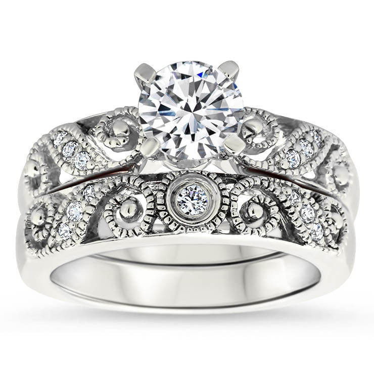Whimsical Diamond Filigree Wedding Set Moissanite Center - Swirl Wedding Set - Moissanite Rings