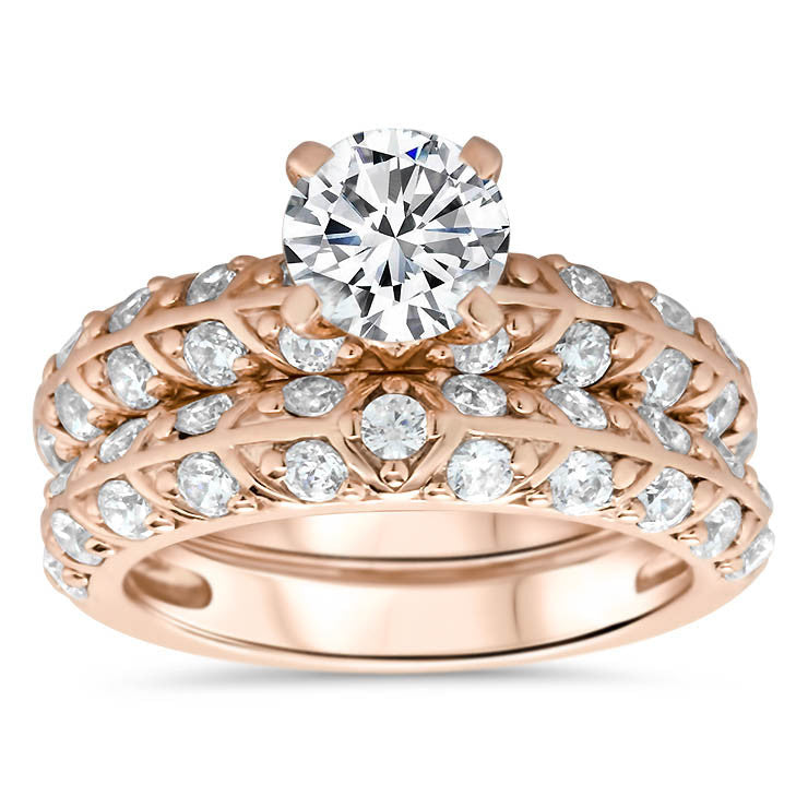 Beautiful Two Row Diamond Wedding Set - Branch Set - Moissanite Rings