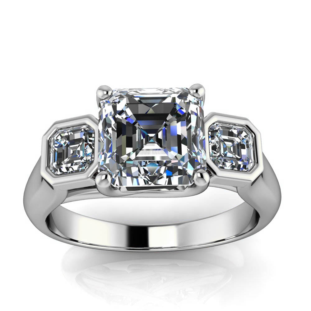 Three Stone Asscher Cut Engagement Ring - Mary - Moissanite Rings
