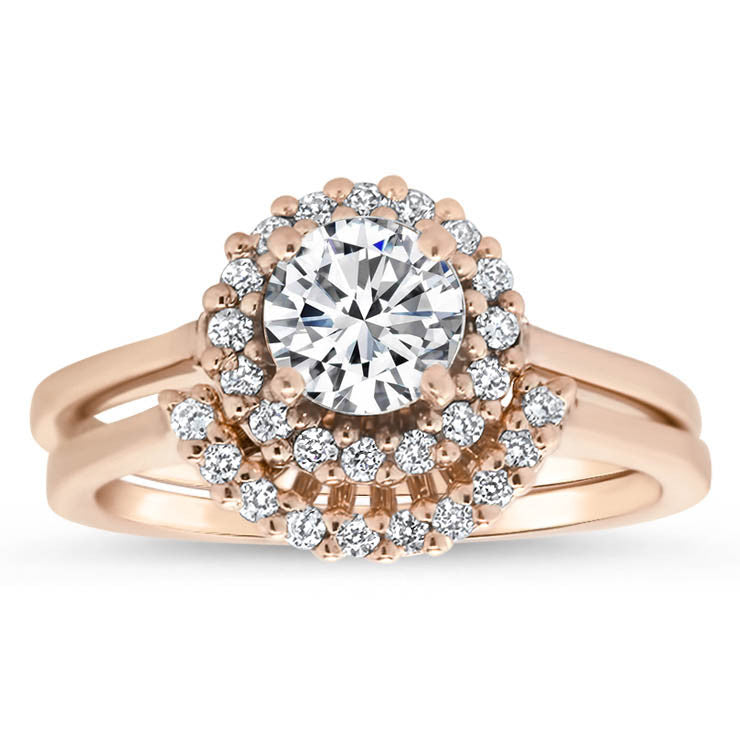 Thin Band Diamond Halo Engagment Ring and Wedding Band - Mint Wedding Set - Moissanite Rings