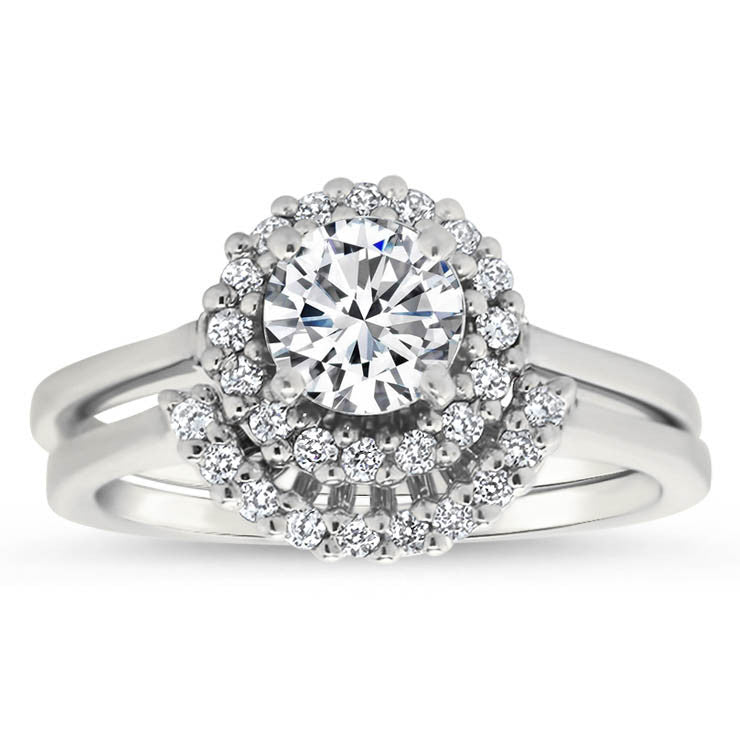 Thin Band Diamond Halo Engagment Ring and Wedding Band - Mint Wedding Set - Moissanite Rings