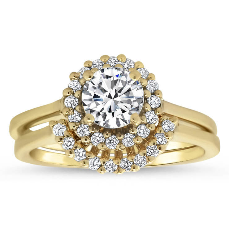 Thin Band Diamond Halo Engagment Ring and Wedding Band - Mint Wedding Set - Moissanite Rings