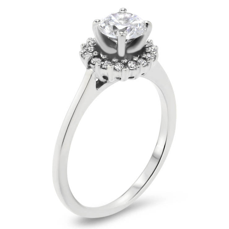Thin Band Diamond Halo Engagment Ring and Wedding Band - Mint Wedding Set - Moissanite Rings