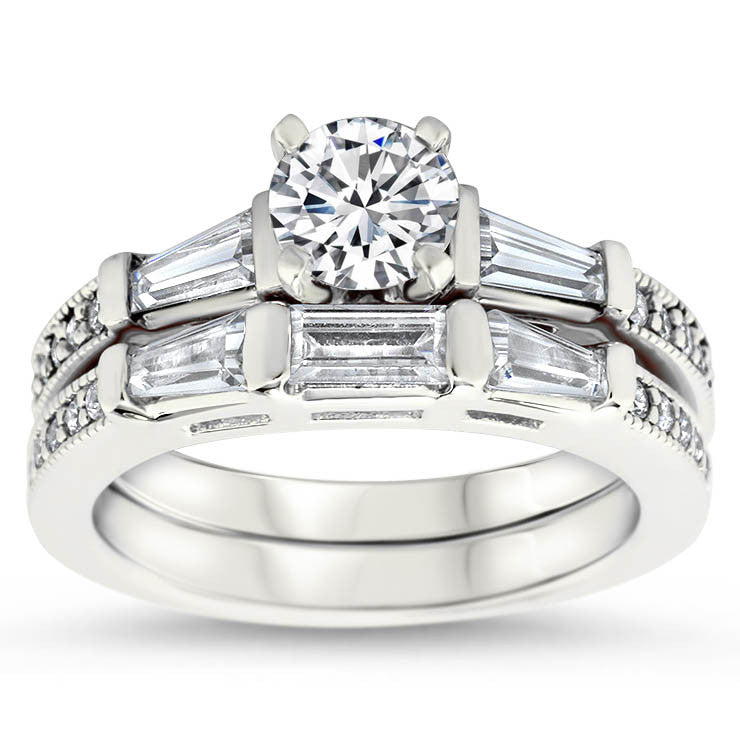 Tapered Baguette Diamond Set Engagement Ring and Wedding Band - Maxine Wedding Set - Moissanite Rings