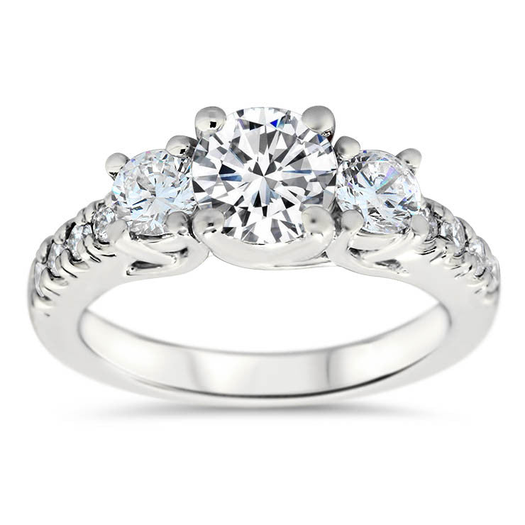 Three Stone Diamond Engagement Ring Moissanite Center - Kimber - Moissanite Rings
