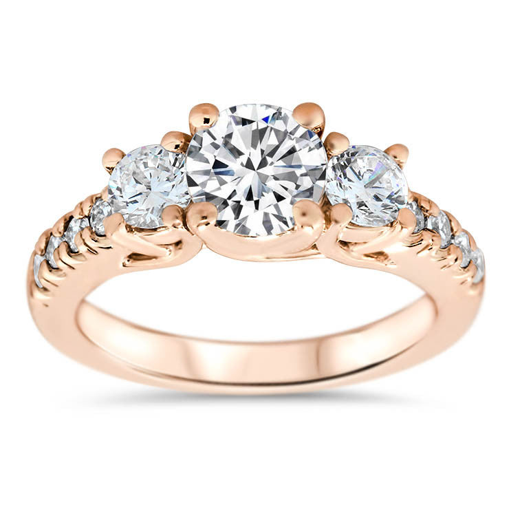 Three Stone Diamond Engagement Ring Moissanite Center - Kimber - Moissanite Rings