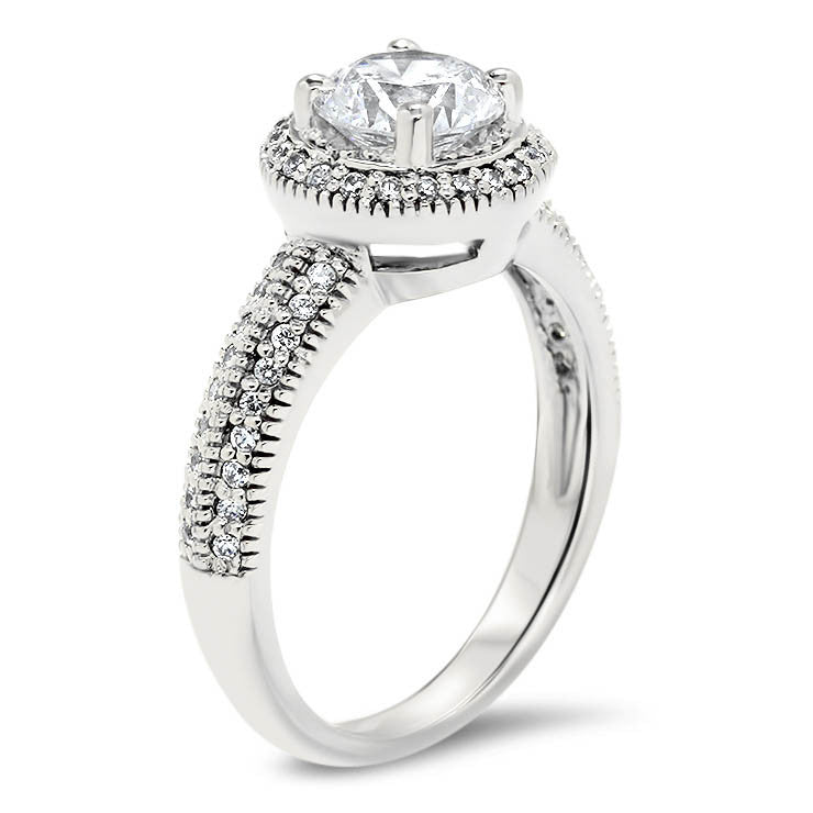 Millgrain Knife Edge Diamond Halo Moissanite Center Engagement Ring - Cindy - Moissanite Rings