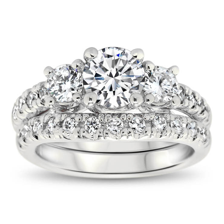 Three Stone Engagement Ring Set - Kimber Wedding Set - Moissanite Rings