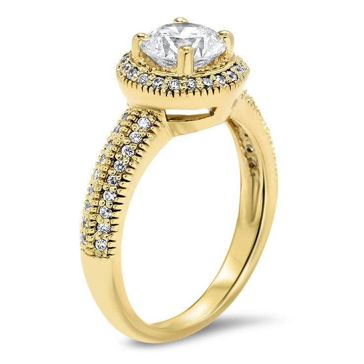 Millgrain Knife Edge Diamond Halo Moissanite Center Engagement Ring - Cindy - Moissanite Rings