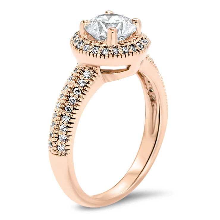 Millgrain Knife Edge Diamond Halo Moissanite Center Engagement Ring - Cindy - Moissanite Rings