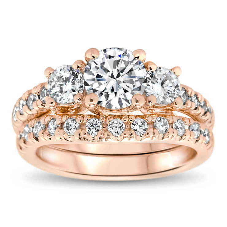 Three Stone Engagement Ring Set - Kimber Wedding Set - Moissanite Rings