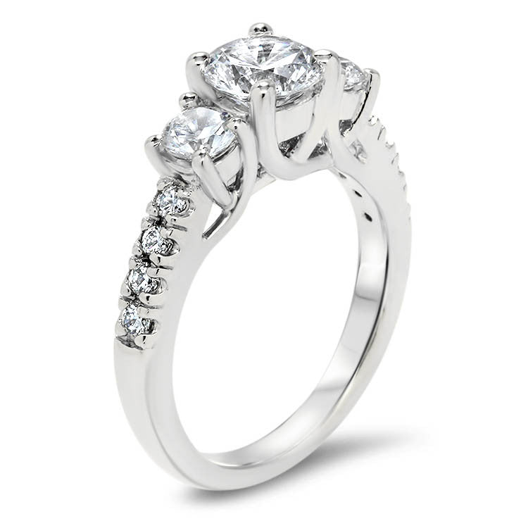 Three Stone Diamond Engagement Ring Moissanite Center - Kimber - Moissanite Rings