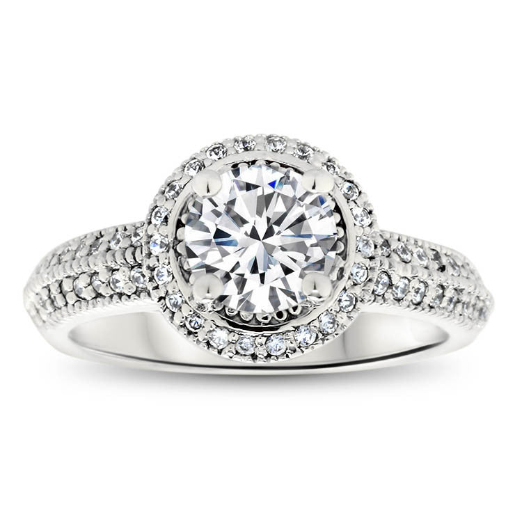Millgrain Knife Edge Diamond Halo Moissanite Center Engagement Ring - Cindy - Moissanite Rings