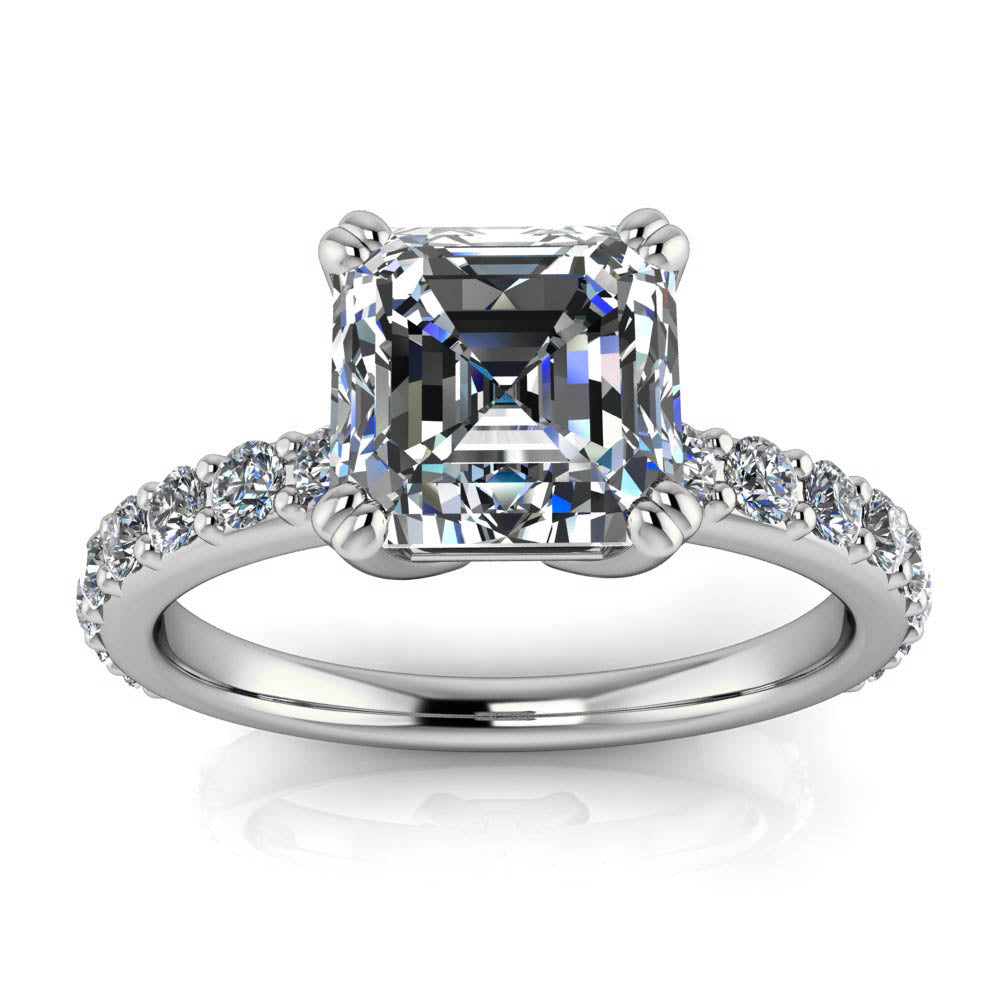 Asscher Cut Moissanite And Diamond Engagement Ring - Rebecca - Moissanite Rings