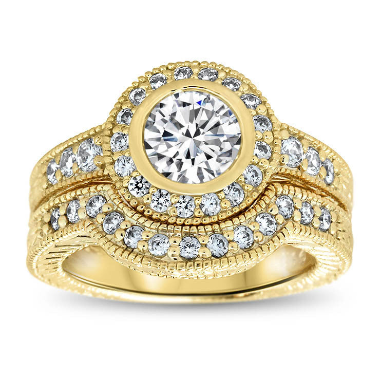 Bezel Set Diamond Engagement Ring and Matching Wedding Band - Callie Set - Moissanite Rings