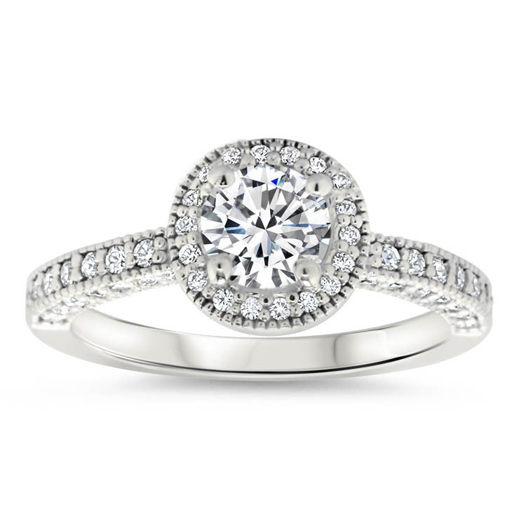 Diamond Halo Engagement Ring - Roberta Matching Set - Moissanite Rings