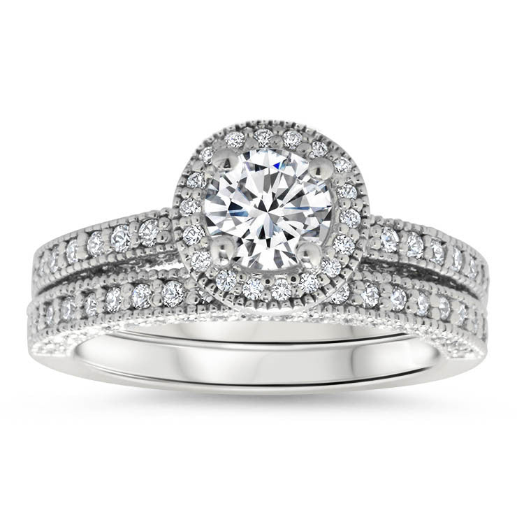Diamond Halo Engagement Ring - Roberta Matching Set - Moissanite Rings