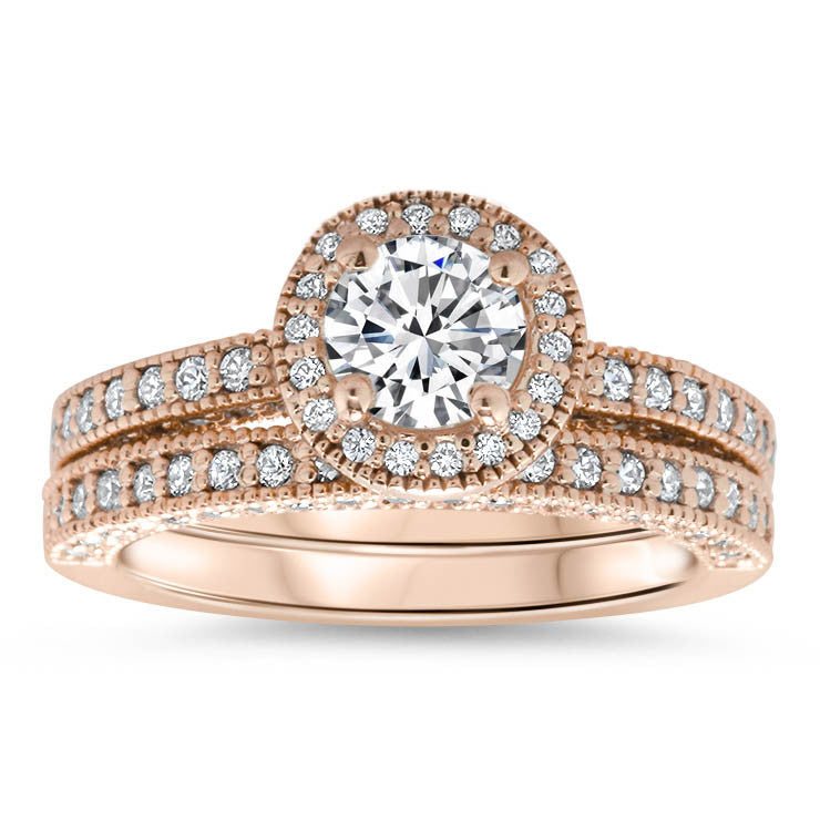 Diamond Halo Engagement Ring - Roberta Matching Set - Moissanite Rings