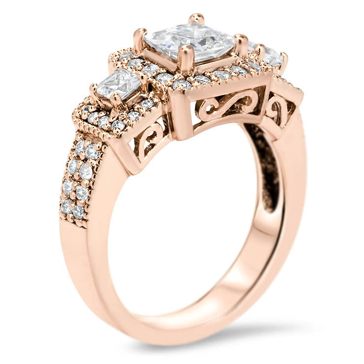 Vintage Style Engagement Ring 3-Stone Halo Moissanite and Diamond Engagement Ring - Honey - Moissanite Rings