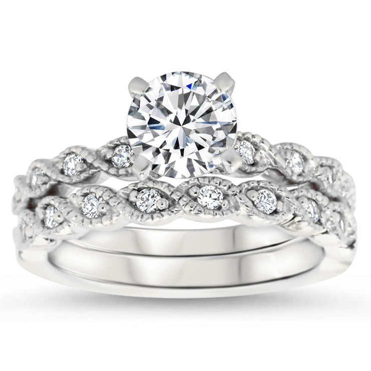 7.5 mm Center Moissanite Vintage Inspired Wedding Set - Timeless Twist Wedding Set - Moissanite Rings