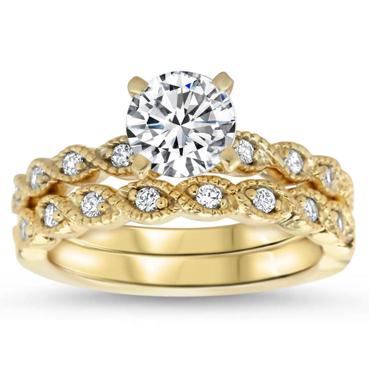 7.5 mm Center Moissanite Vintage Inspired Wedding Set - Timeless Twist Wedding Set - Moissanite Rings