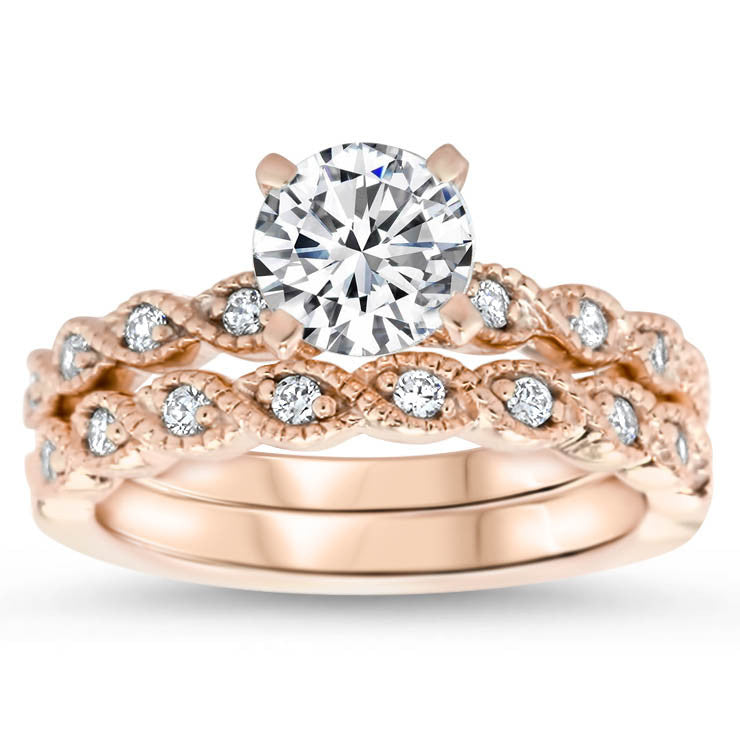 7.5 mm Center Moissanite Vintage Inspired Wedding Set - Timeless Twist Wedding Set - Moissanite Rings