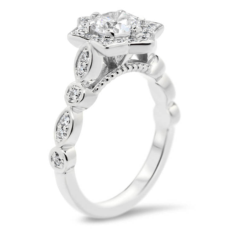 Unique Star-like Diamond Halo Forever One Moissanite Engagement Ring - Sabrina - Moissanite Rings