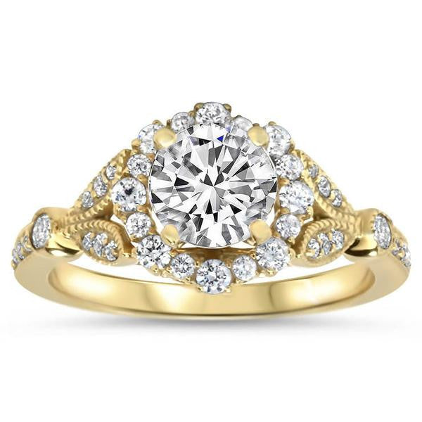 Vintage Floral Style Halo Diamond and Moissanite Engagement Ring - Lilly - Moissanite Rings