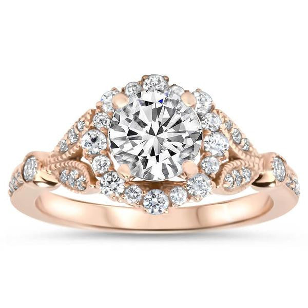 Vintage Floral Style Halo Diamond and Moissanite Engagement Ring - Lilly - Moissanite Rings