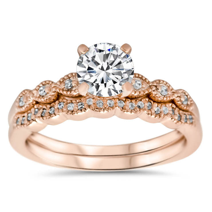 Thin Diamond Band Wedding Set - Dainty Drops Wedding Set - Moissanite Rings