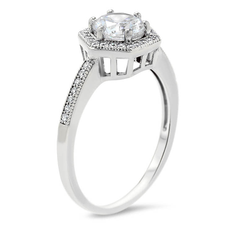 Hexagon Shaped Diamond Halo Moissanite Center Engagement Ring - Glam - Moissanite Rings