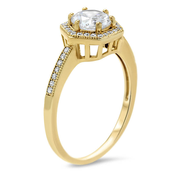 Hexagon Shaped Diamond Halo Moissanite Center Engagement Ring - Glam - Moissanite Rings