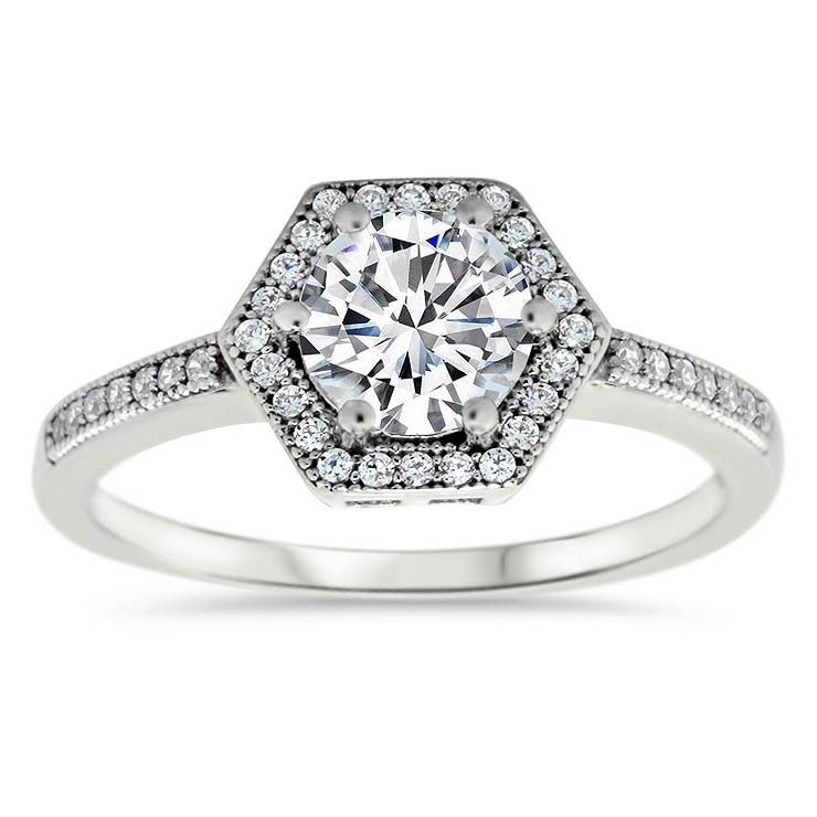 Hexagon Shaped Diamond Halo Moissanite Center Engagement Ring - Glam - Moissanite Rings