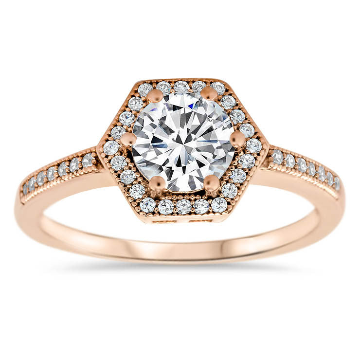Hexagon Shaped Diamond Halo Moissanite Center Engagement Ring - Glam - Moissanite Rings