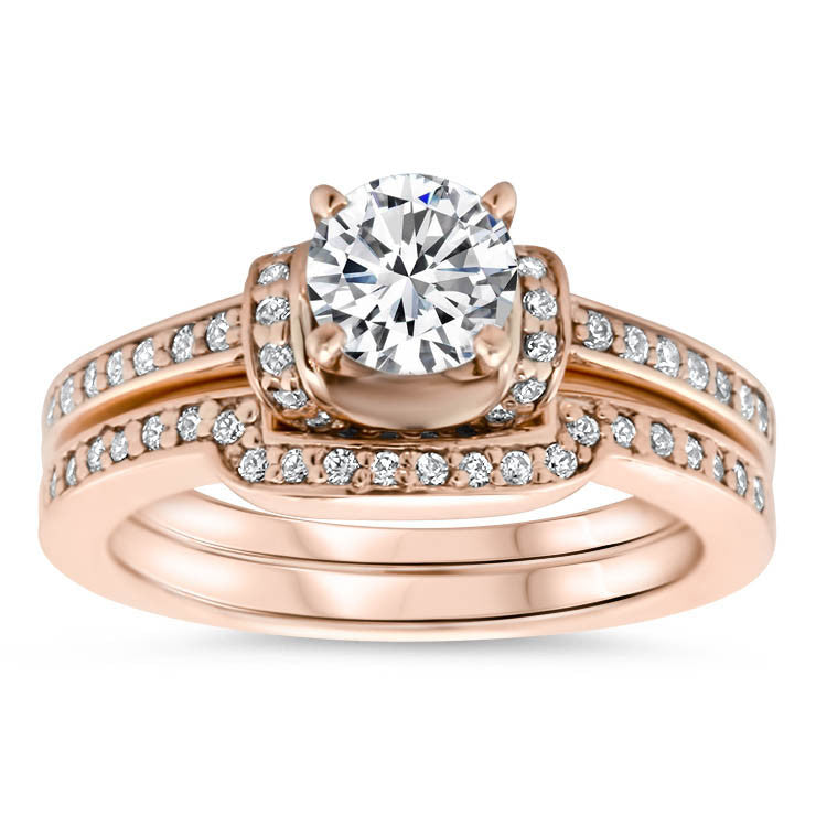 Diamond Accented Engagement Ring with Matching Wedding Band - Shawl Set - Moissanite Rings