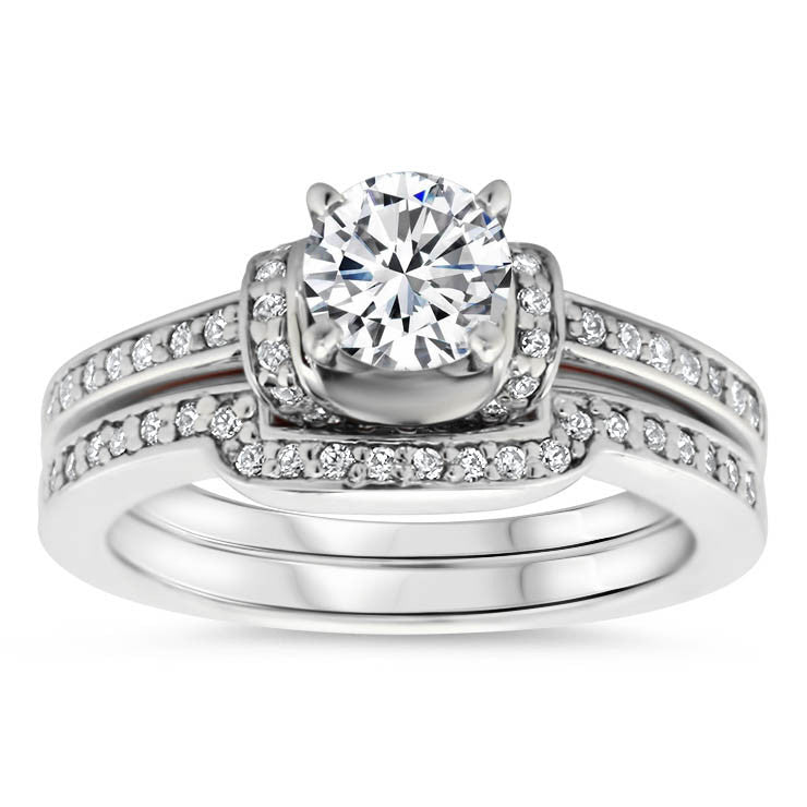 Diamond Accented Engagement Ring with Matching Wedding Band - Shawl Set - Moissanite Rings