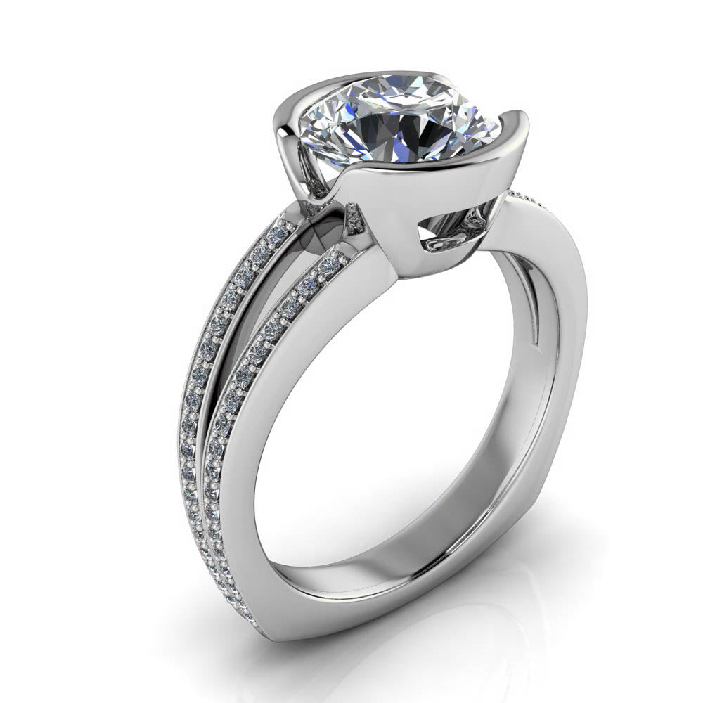 Half Bezel Set Engagement Ring Split Shank Diamond Band - Vidal - Moissanite Rings