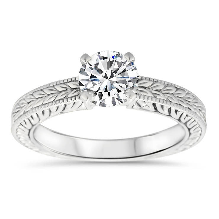 Hand Carved Vintage Style Moissanite Solitaire - Carved Solitaire - Moissanite Rings