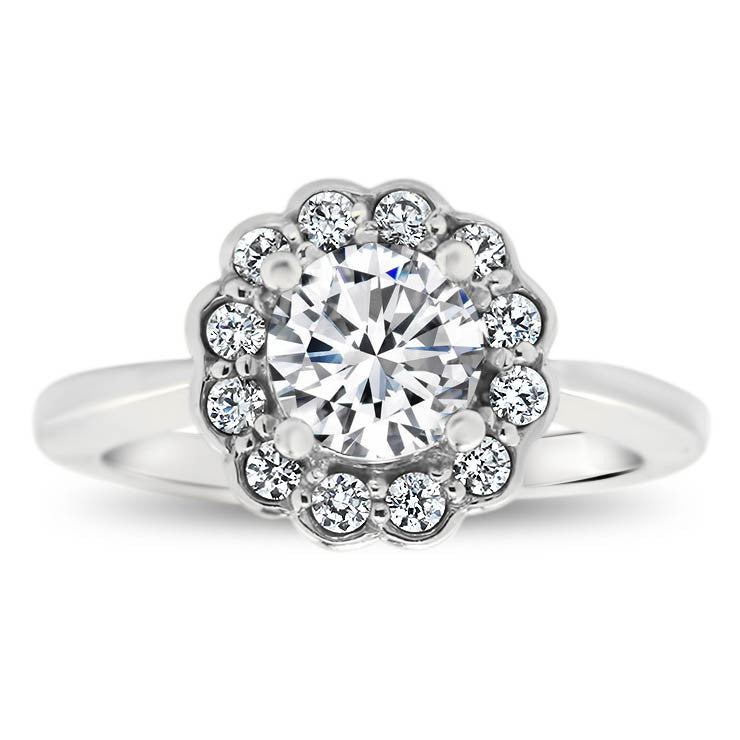 Floral Style Bezel Set Diamond Halo Moissanite Center Engagement Ring - Iris - Moissanite Rings