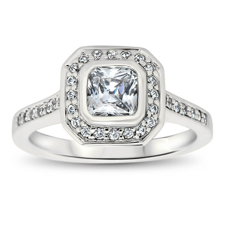 Bezel Set Princess Cut Diamond Halo Moissanite Engagement Ring - Janice - Moissanite Rings