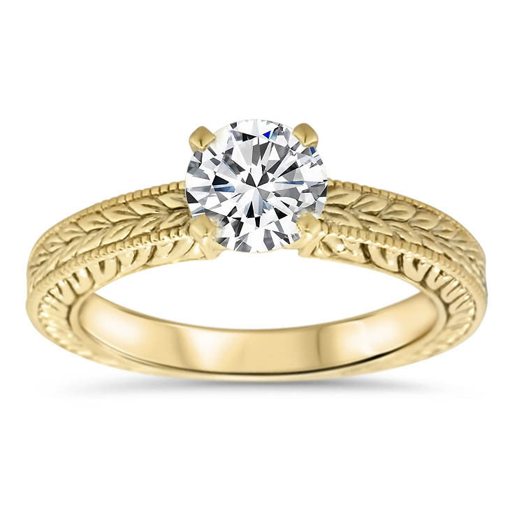Hand Carved Vintage Style Moissanite Solitaire - Carved Solitaire - Moissanite Rings