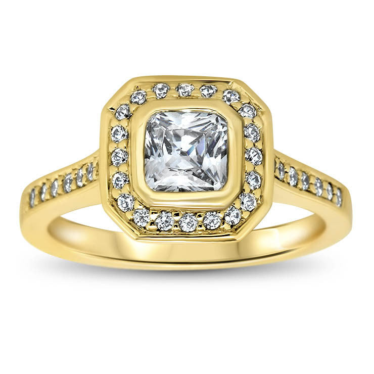 Bezel Set Princess Cut Diamond Halo Moissanite Engagement Ring - Janice - Moissanite Rings