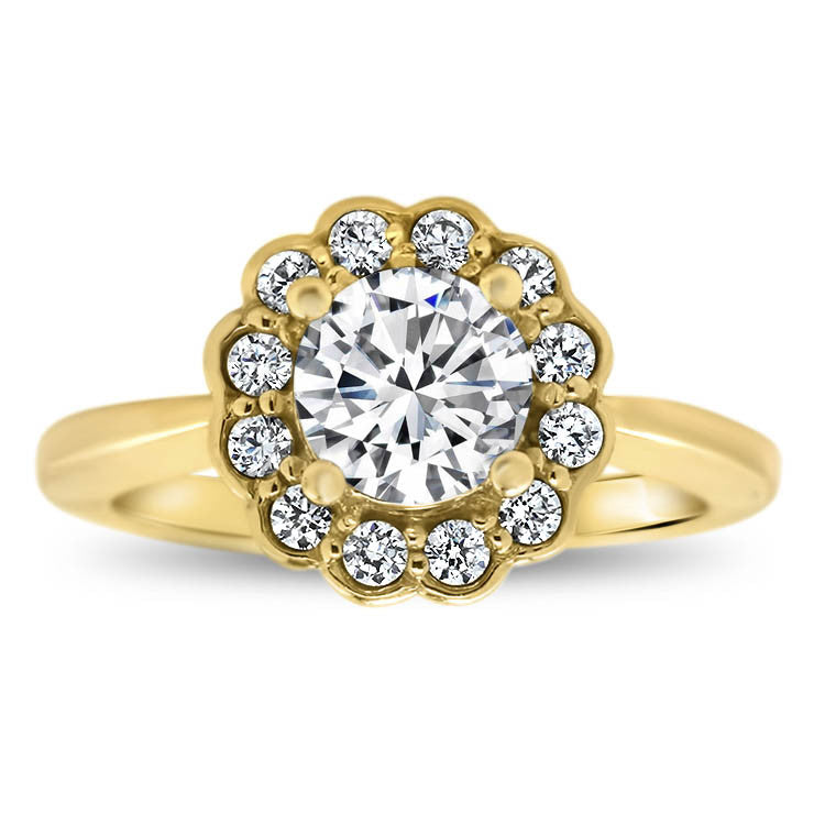 Floral Style Bezel Set Diamond Halo Moissanite Center Engagement Ring - Iris - Moissanite Rings
