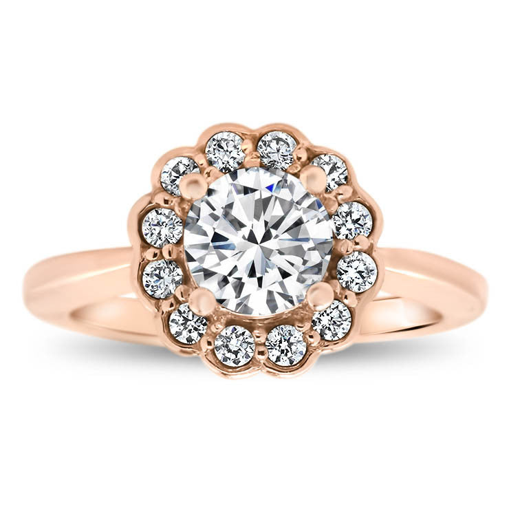 Floral Style Bezel Set Diamond Halo Moissanite Center Engagement Ring - Iris - Moissanite Rings