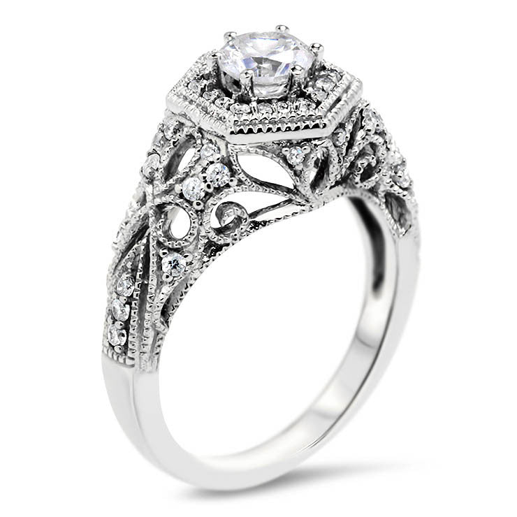 Hexagon Halo Vintage Inspired Engagement Ring -  Milan - Moissanite Rings
